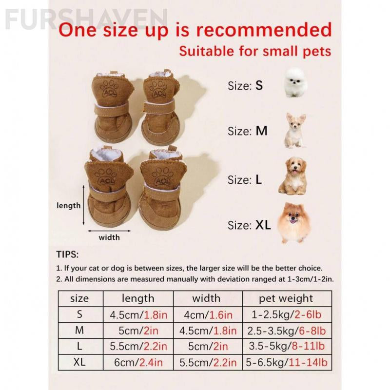 FURSHAVEN 4Pcs Dog Winter Snow Boots, plus Fleece Lined & Waterproof Pet Booties with Anti-Slip Sole, Warm Paw Protectors for Small Medium Dogs Indoor Outdoor Use
