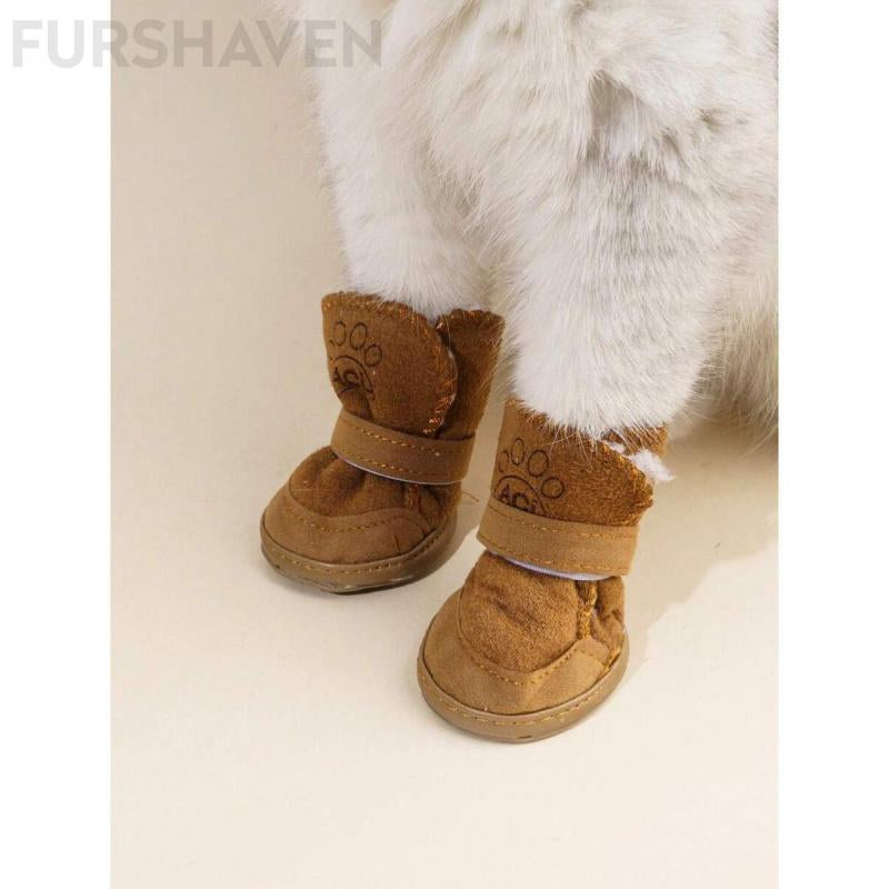 FURSHAVEN 4Pcs Dog Winter Snow Boots, plus Fleece Lined & Waterproof Pet Booties with Anti-Slip Sole, Warm Paw Protectors for Small Medium Dogs Indoor Outdoor Use