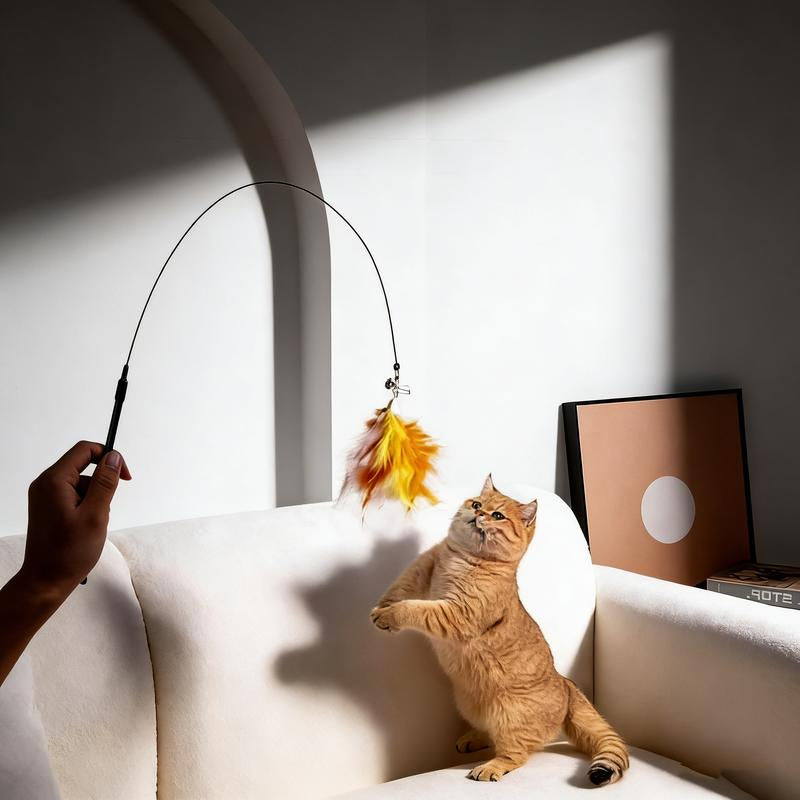 Cat Wand Toys with Suction Cup, Interactive Feathersimulation Cat Toy Set,Cat Teaser Cat Toys,Flexible Steelwire and 2Pcs Replacement Feather Reflls with Bells.Catteaser Pettoys Halloween Kitten Christmas Feathered