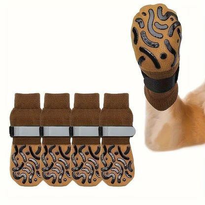 Pet Socks Anti-Slip Reflective Adjustable Dog Cat Paw Protectors, Breathable Durable Non-Skid Pet Shoes Covers, 4 Pack Large Small Dogs Cats