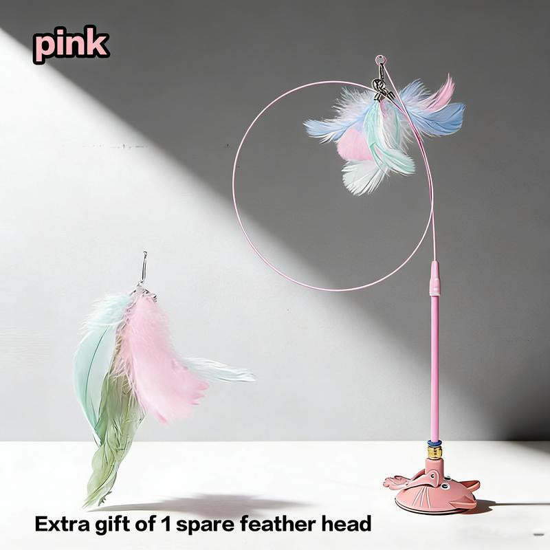 Cat Wand Toys with Suction Cup, Interactive Feathersimulation Cat Toy Set,Cat Teaser Cat Toys,Flexible Steelwire and 2Pcs Replacement Feather Reflls with Bells.Catteaser Pettoys Halloween Kitten Christmas Feathered