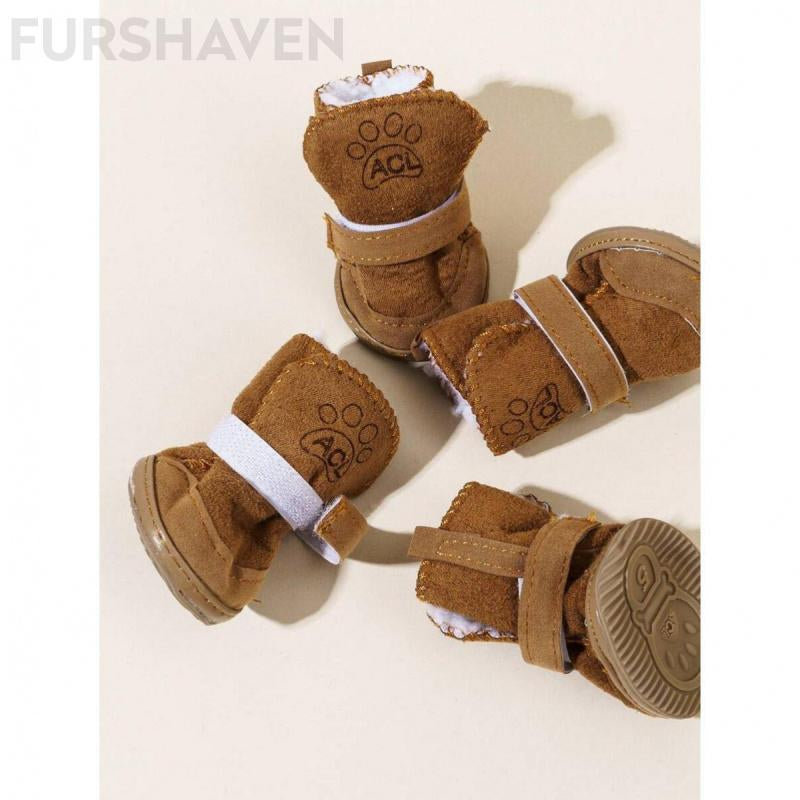 FURSHAVEN 4Pcs Dog Winter Snow Boots, plus Fleece Lined & Waterproof Pet Booties with Anti-Slip Sole, Warm Paw Protectors for Small Medium Dogs Indoor Outdoor Use