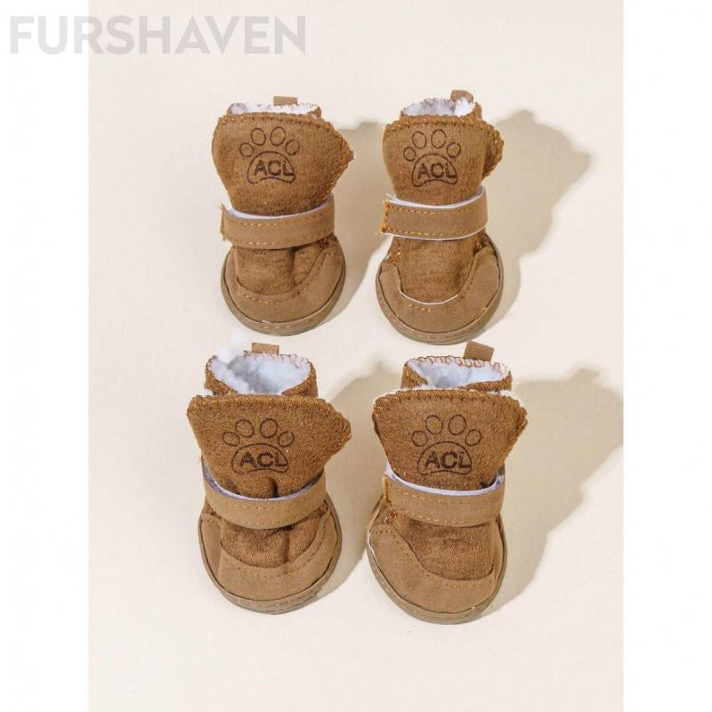 FURSHAVEN 4Pcs Dog Winter Snow Boots, plus Fleece Lined & Waterproof Pet Booties with Anti-Slip Sole, Warm Paw Protectors for Small Medium Dogs Indoor Outdoor Use