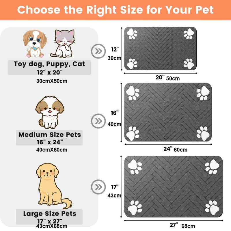 Quick Drying Absorbent Pet Feeding Mat for Dogs and Cats, Non-Slip Rubber Bottom, Dark Polyester Surface for Indoor Use